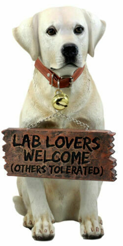 Lifelike Yellow Labrador Retriever Dog With Welcome Jingle Collar Sign Statue