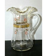 Vintage Hand Blown Glass Ruffle Edge Painted Gilded Beverage Pitcher 9&quot; ... - £32.69 GBP