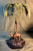 Cast Metal Painted Brass Orientalist Statue Art Sculpture Base Camel Palm Trees - $211.25