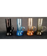 4 Vintage MCM GlassEtched Shot Glass w/ Handle 4&quot; Purple Green Amber Blue - $15.85