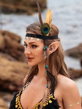  Peacock Feather Headband Feather Gypsy Festival Headpiece Shells Indian - £19.43 GBP