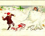Snowball Fight Sled Embossed Merry Christmas UNP Stecher DB Postcard C4 - $10.84