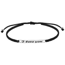 Sweet &#39;I Love You&#39; Bar Sterling Silver Charm on Black Rope Adjustable Bracelet - £12.69 GBP