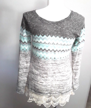 Jolt Womens Top Knit Lace Teal Cream Grey Large Long Sleeve Casual Work - $9.59