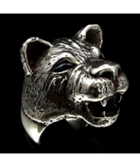 Sterling silver Animal ring Lioness Female Lion Head with 2 Blue Sapphir... - $175.66 CAD