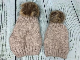 Warm Mommy and Me Winter Hat Pompom Ears Elastic Knitted Beige 2 Pack - £15.17 GBP