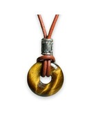 Golden Tiger Eye Donut Pendant Necklace Very Small 18mm Leather Cord Adj... - £12.97 GBP