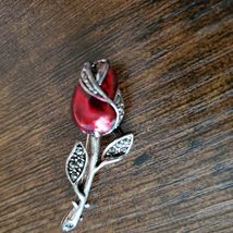 Rose Brooch, Silver Tone with Red Enamel and Rhinestones, Vintage Jewelry image 9
