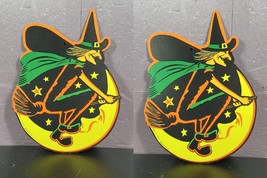 2 Vintage Beistle Flying Witch On Broom Die Cut w/ Moon 8 3/4&quot; double sided - $18.81