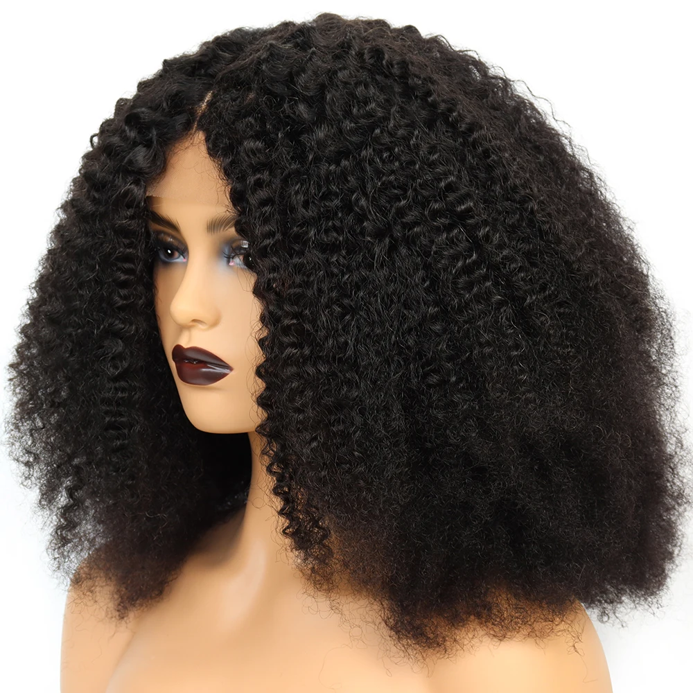 Afro Kinky Curly Middle Part Wig Lace Closure Human Hair Wigs Full Natural Col - £96.57 GBP