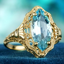 Natural Marquise Blue Topaz Vintage Style Filigree Ring in Solid 9K Gold - £441.00 GBP