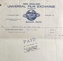 Universal Films Exchange 1914 WW2 Era Invoice Center Theater Maine DWEE3... - $54.58 CAD