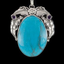 Amazing Turquoise &amp; Amethyst Sterling Silver Pendant Set on a Floral Frame - $246.51