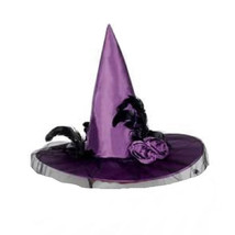 Witch Costume Hat Fabric with Veil Roses and Feathers Purple Adult One Size - £21.36 GBP