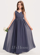 Stormy A-line V-Neck Floor-Length Chiffon Junior Bridesmaid Dress With P... - $109.00