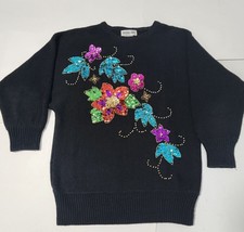 Black Sequin Floral Sweater Embellished Crewneck Sz M Vtg By Victoria Jones - $22.00