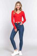 Red Long Sleeve V Neck Front Shirring Tie Rib Crop Sweater - $15.00