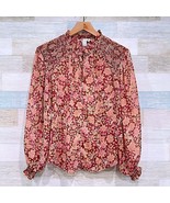 JOIE Floral Ruffle Smocked Sheer Blouson Sleeve Top Burgundy Gold Foil W... - $39.59