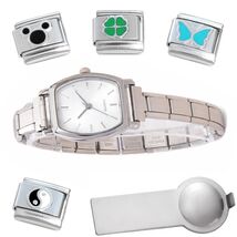 White lItalian Charm Watch Barrel Shape with Bracelet Plus Tool &amp; Enamel... - $18.69