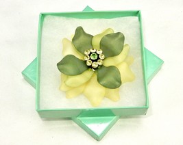 Lime Green &amp; Yellow Rhinestone Flower Brooch, Layered Acrylic Petals, JW... - $9.75