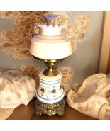 Vintage Quoizel 3-Way Hurricane Milk Glass Parlor Lamp Abigail Adams Blu... - $52.36