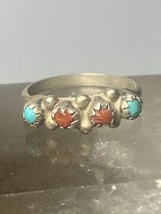 Coral turquoise ring stacker band southwest sterling silver women girls - £35.61 GBP