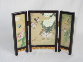 Vintage Asian Tabletop 3 Panel Screen Byobu Hand Painted Birds Landscape - £79.12 GBP