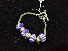 Hand Beaded Purple &amp; White Glass Bracelet w/ Toggle Clasp     V1 - £3.99 GBP