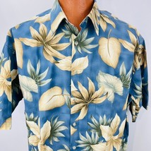 Hawaiian Aloha Large Shirt Palm Leaves Floral Blue Beige Tropical - £31.86 GBP