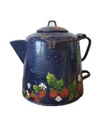 Blue Speckled Enameled Cowboy Kettle Wood Handle Handpainted Strawberrie... - £36.00 GBP