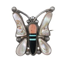 c1950 Zuni Butterfly pin, shell, coral, turquoise, jet inlay - $495.00