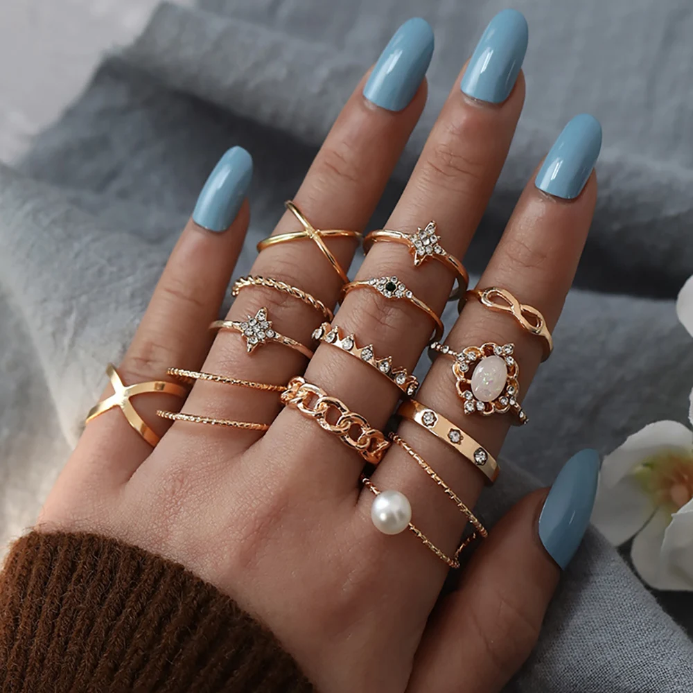 Fashion Geometric Knuckle Rings set For Women Crystal GolFinger Ring Boho Ladies - £12.15 GBP