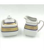 Vintage Scherzer Creamer &amp; Sugar Bowl Blue Gold Encrusted Band Cook O Ma... - £22.38 GBP