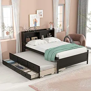 Full CaptainS Bed With Bookcase Headboard, Full Size Bed Frame With Trun... - $897.99
