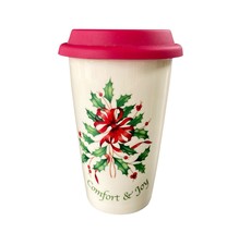 Lenox Comfort Joy Ceramic Travel Thermal Mug Double Wall Holly Silicone Lid - $7.92