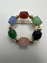 Vintage Egyptian Revival Gold Scarab Circle Gem Brooch 3.4cm - £23.35 GBP