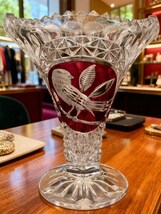 Bohemian Ruby Red Cut to Clear Crystal Pedestal Vase - Etched Bird Motif - $332.70