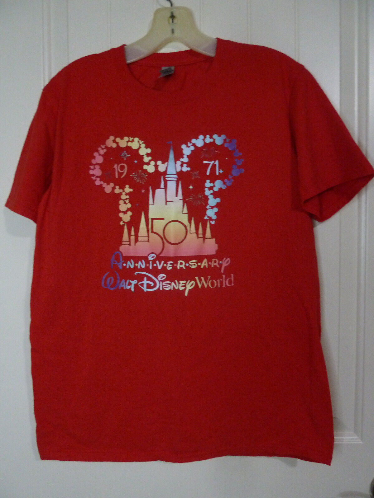 Walt Disney World 1971 Anniversary 50th Red shirt Gildan size Medium Cotton Knit - $17.81