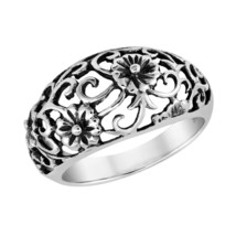Enchanting Swirling Garden .925 Sterling Silver Wide Floral Band Ring-8 - £16.05 GBP