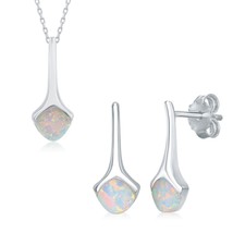 Silver Diamond-Shaped White Inlay Opal Necklace Earrings Set W/Chain - £48.29 GBP