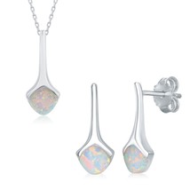 Silver Diamond-Shaped White Inlay Opal Necklace Earrings Set W/Chain - $61.74