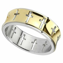 Gold Christian Cross Ring Stainless Steel Promise Band 5mm Sizes 5-8 Crucifix - £10.38 GBP