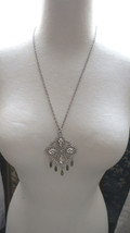 VTG Couture Necklace Pendant Dangle Fringe Open Work Silver Tone Chain 24&quot; Link - £7.80 GBP