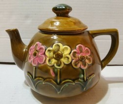 Vintage Floral Teapot Japan Painted Glazed Pink Yellow Brown 8.5x6.5 wit... - $32.38