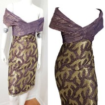 Victor Costa for Saks 5th Ave Off Shoulder Taffeta Lace Purple Gold Dress Sz S - $122.54