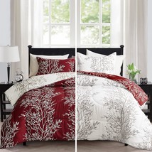 Burgundy Red Tree Christmas Comforter Set Queen Full Size, Red And White Floral  - £43.49 GBP