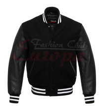 Varsity Black Wool Letterman Jacket Real Black Leather Sleeves - £53.35 GBP