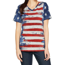 Denim &amp; Co. American Flag Print Short Sleeve V-Neck Top- BLUE/ Red, Medium - £18.10 GBP