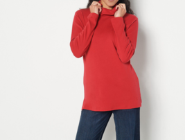 Isaac Mizrahi Live! Essentials Pima Cotton Turtleneck Top Red Currant, X-SMALL - £18.61 GBP