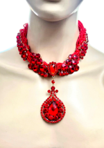 Upcycled, Repurposed Red Seed Beads Embellished With Crystals Statement Necklace - $37.05
